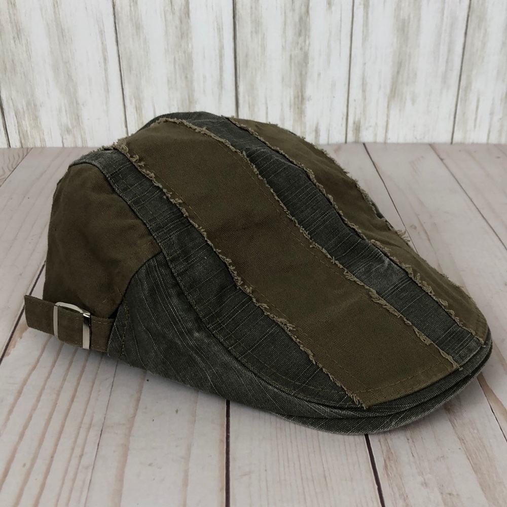 Men's Patchwork Cotton Flat Cap in Olive and Dark Green